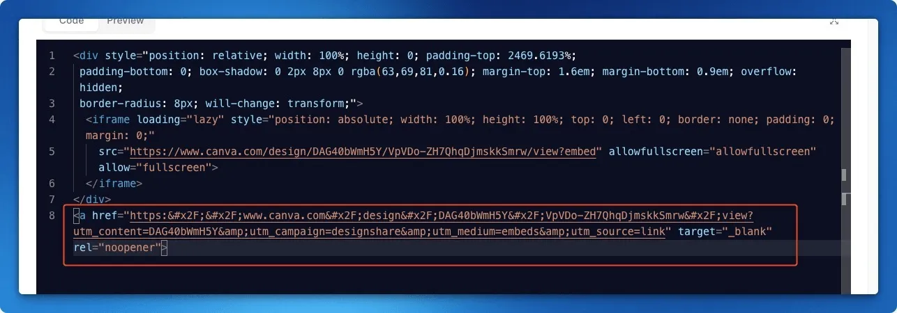 HTML editor with the extra Canva link after the closing div highlighted