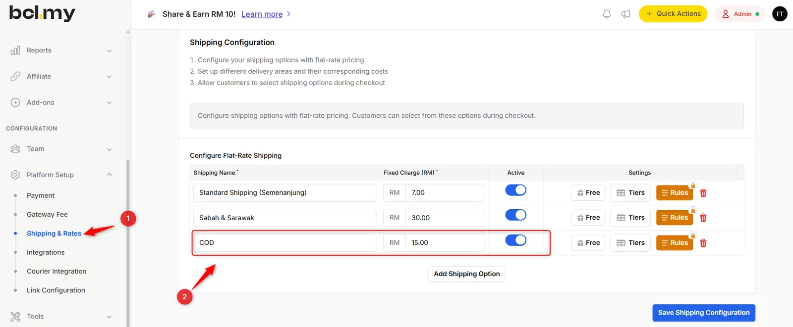 The shipping rates page with a COD shipping option and its Free, Tiers and Rules buttons