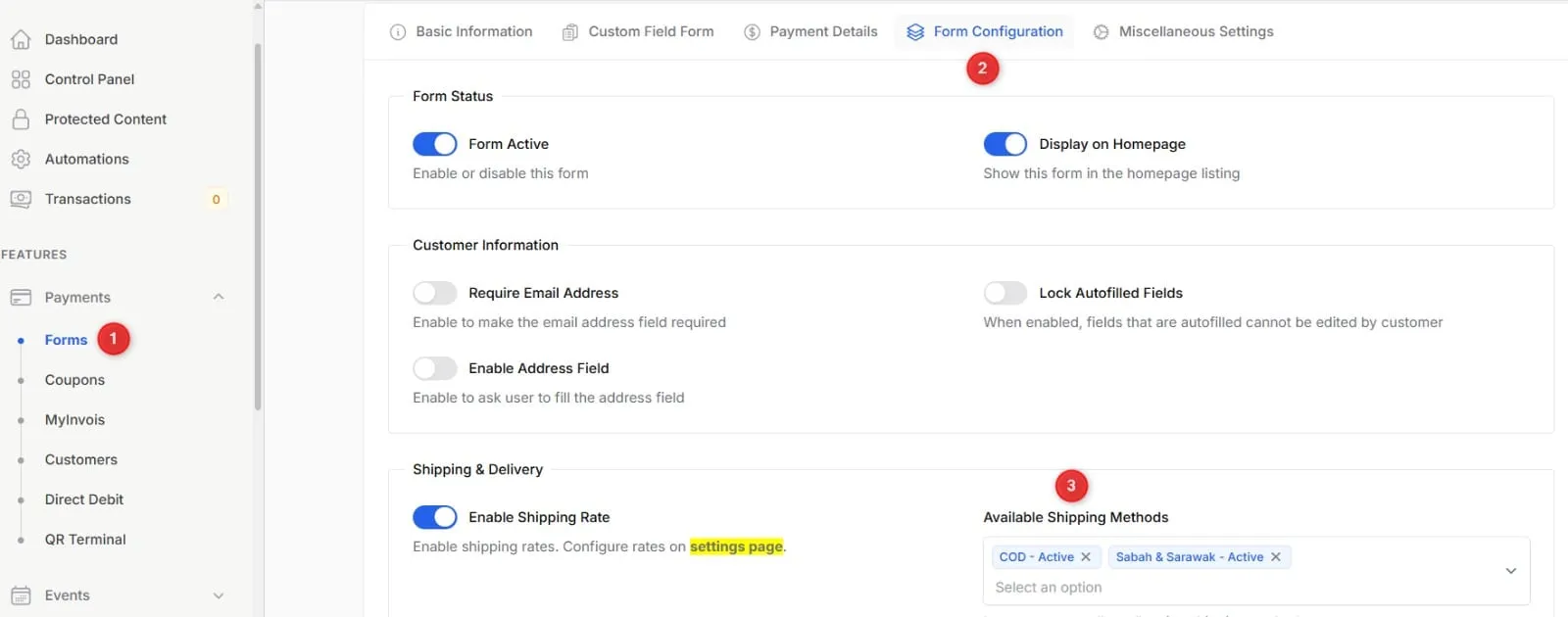 The shipping and delivery section of a form with Enable Shipping Rate turned on