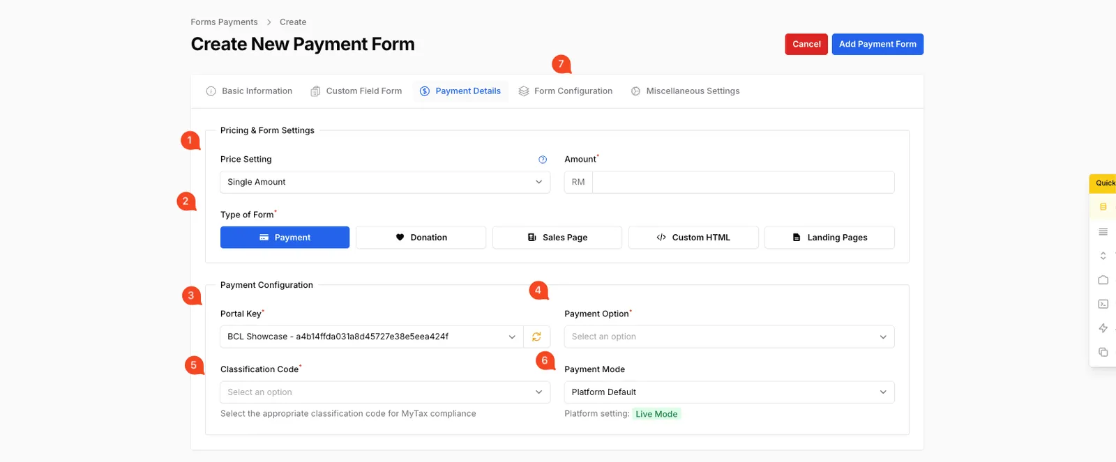 Payment Details tab showing Price Setting, Type of Form, Portal Key, Payment Option, Classification Code and Payment Mode
