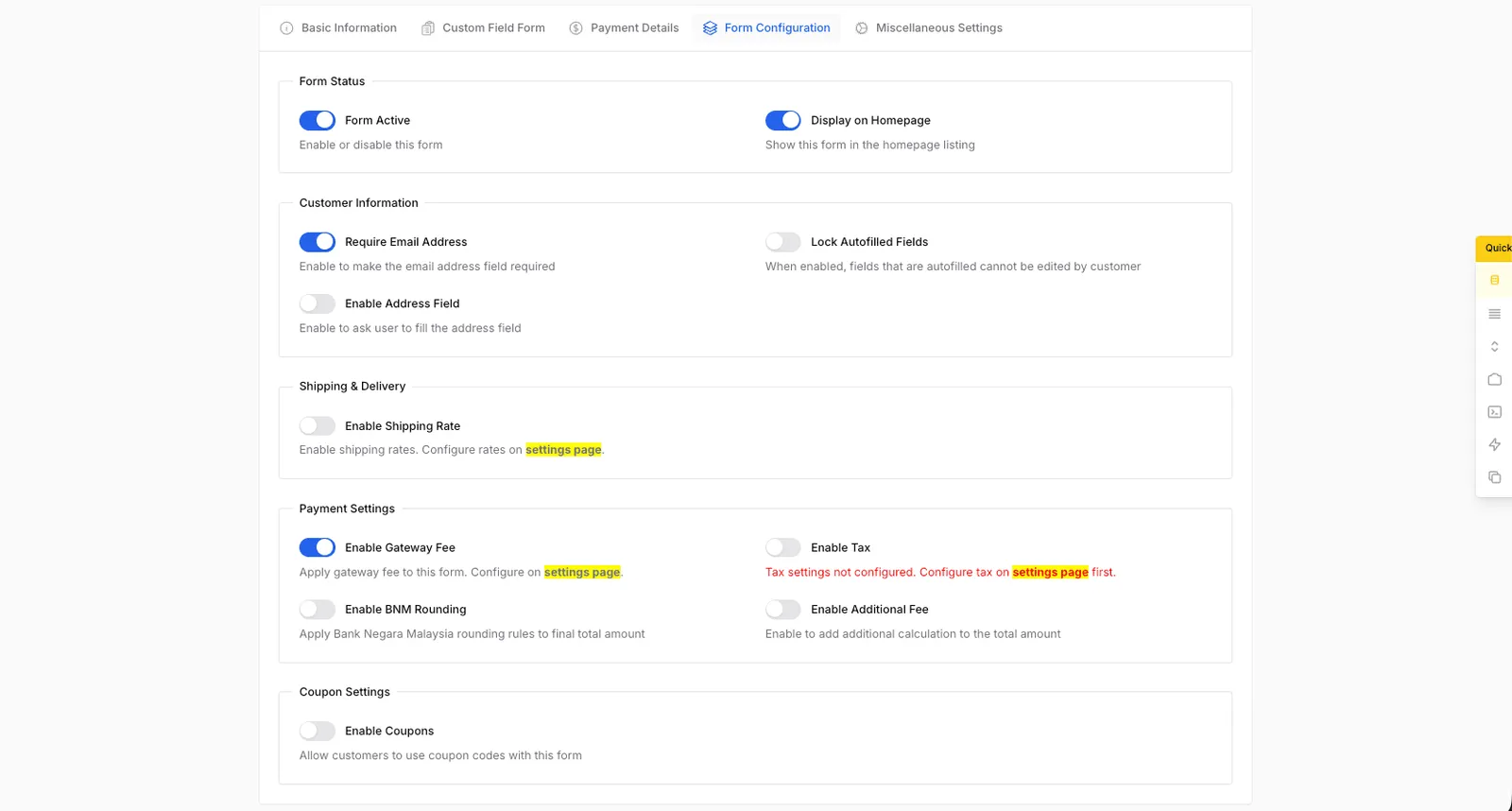 Form Configuration tab with Form Active, Display on Homepage and Enable Gateway Fee switches
