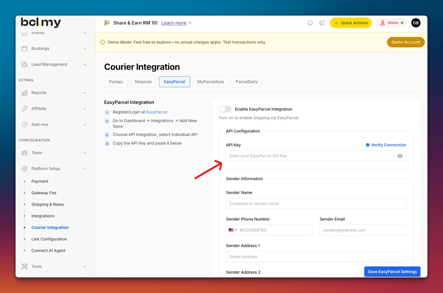 The EasyParcel tab of Courier Integration with the API Key field