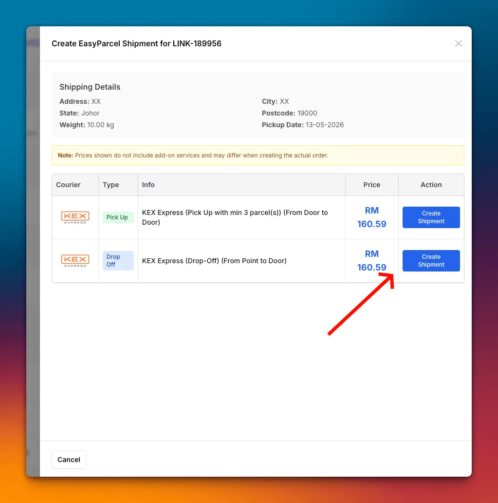 Create EasyParcel Shipment window with shipping details and a list of courier services and rates