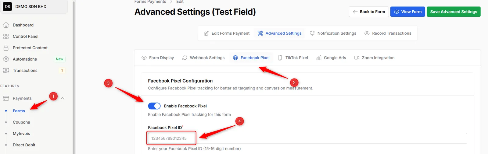 Facebook Pixel tab with Enable Facebook Pixel turned on and the Facebook Pixel ID field
