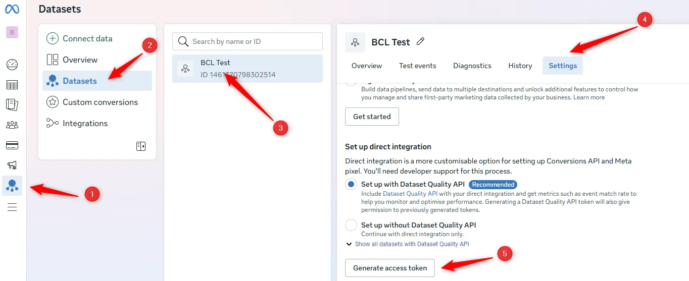 Meta dataset settings with Generate access token
