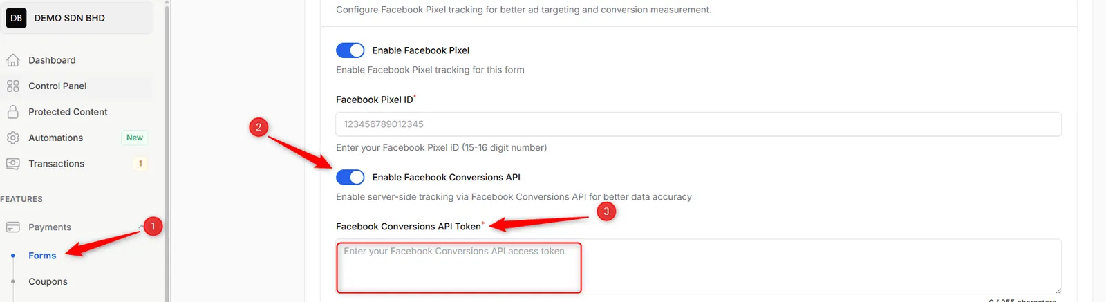 Enable Facebook Conversions API turned on with the token field below