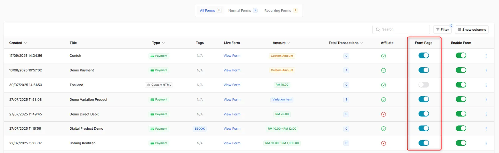 Forms list with the Front Page column of switches highlighted