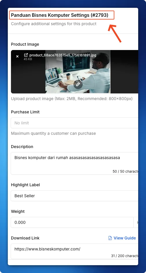 Item settings panel with the item ID shown in the title