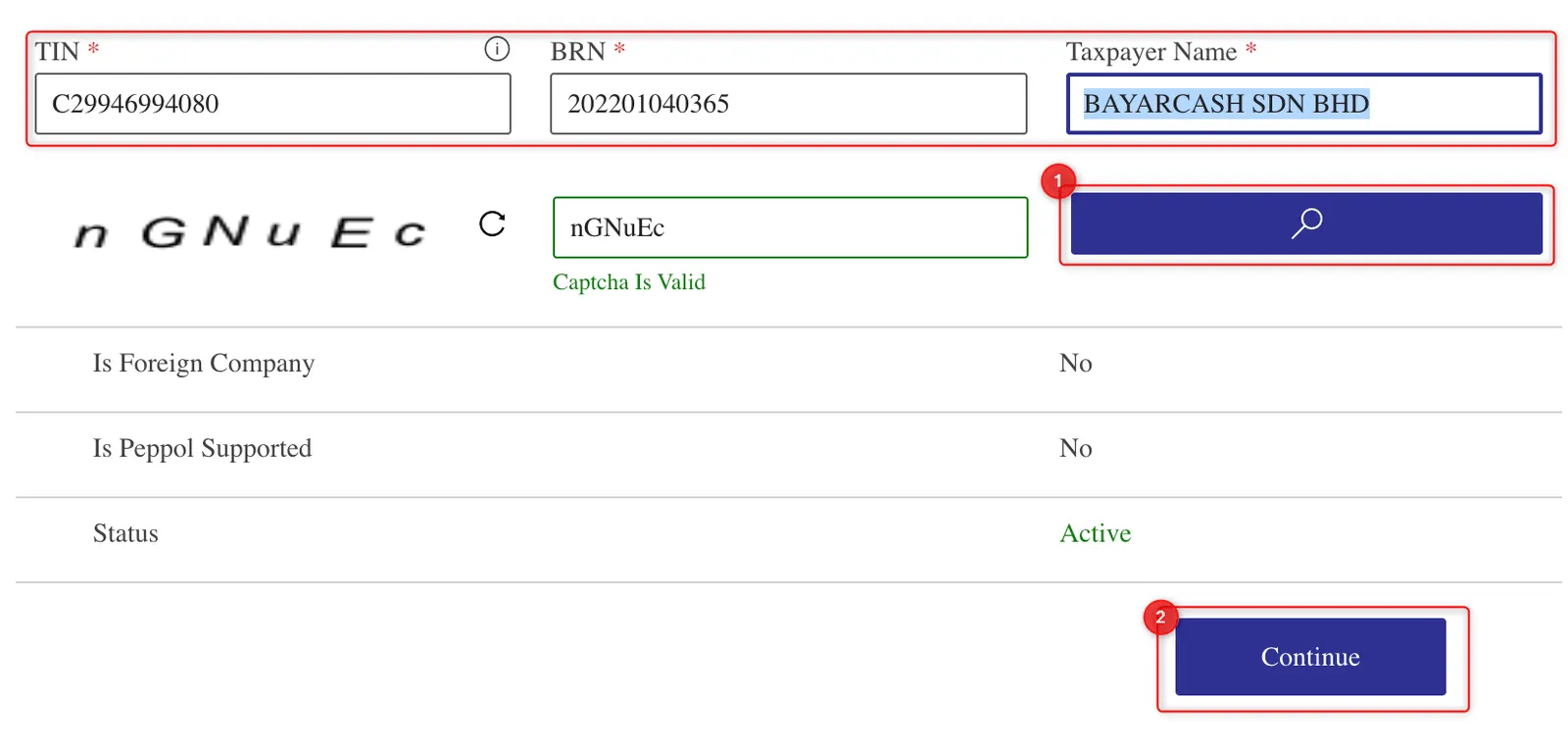 Add Intermediary search with Bayarcash’s TIN, BRN and name filled in