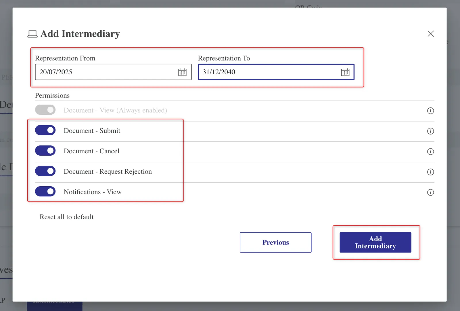 Add Intermediary window with the representation dates and permission toggles