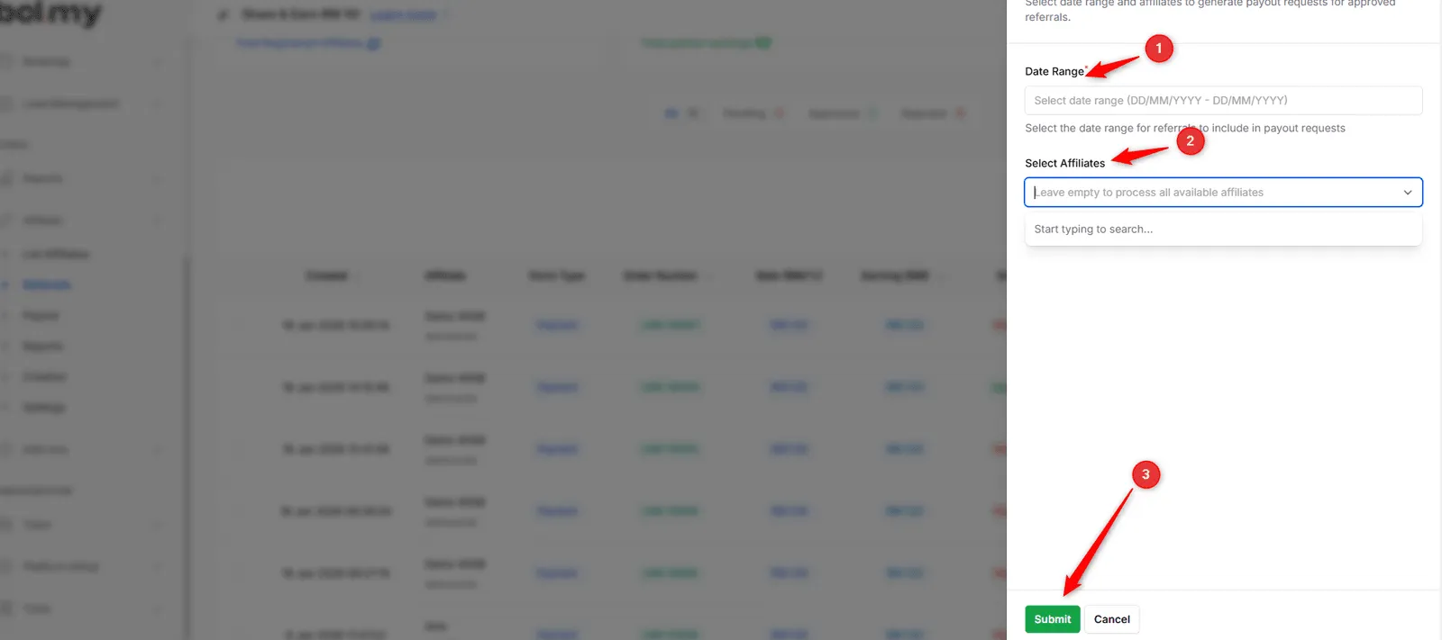 Generate Payout Requests panel with Date Range, Select Affiliates and the Submit button