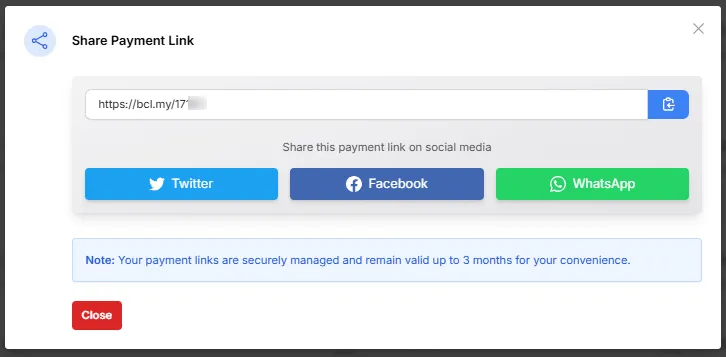 The Share Payment Link window with the link, a copy button and Twitter, Facebook and WhatsApp buttons