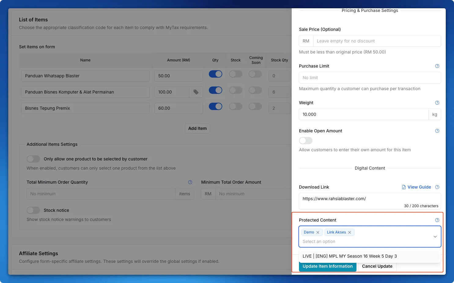 Item settings panel with content selected in the Protected Content field