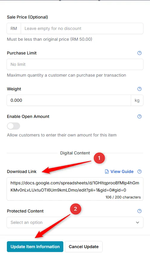 Item settings panel with the Download Link field under Digital Content