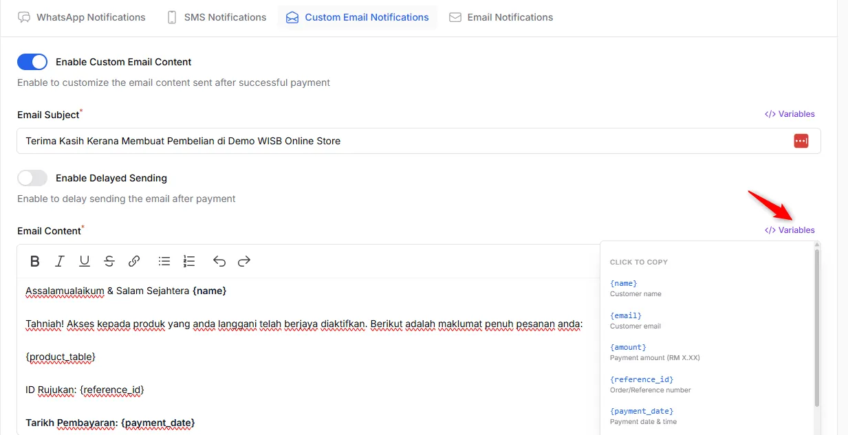Custom Email Notifications tab with the Variables list open