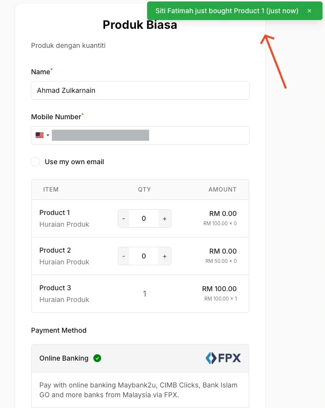 Pop-up at the top right of a payment form saying a customer just bought Product 1