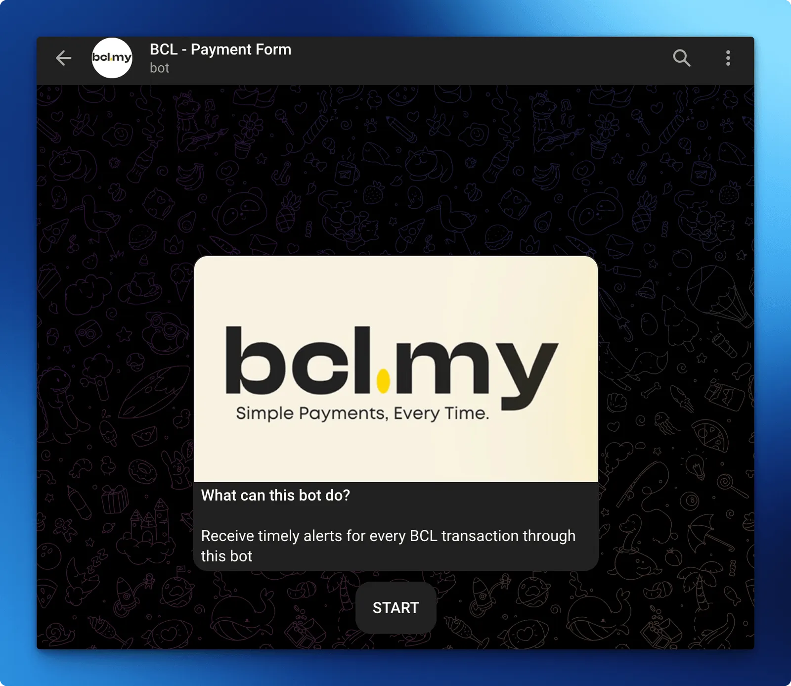 The BCL - Payment Form bot in Telegram with the START button