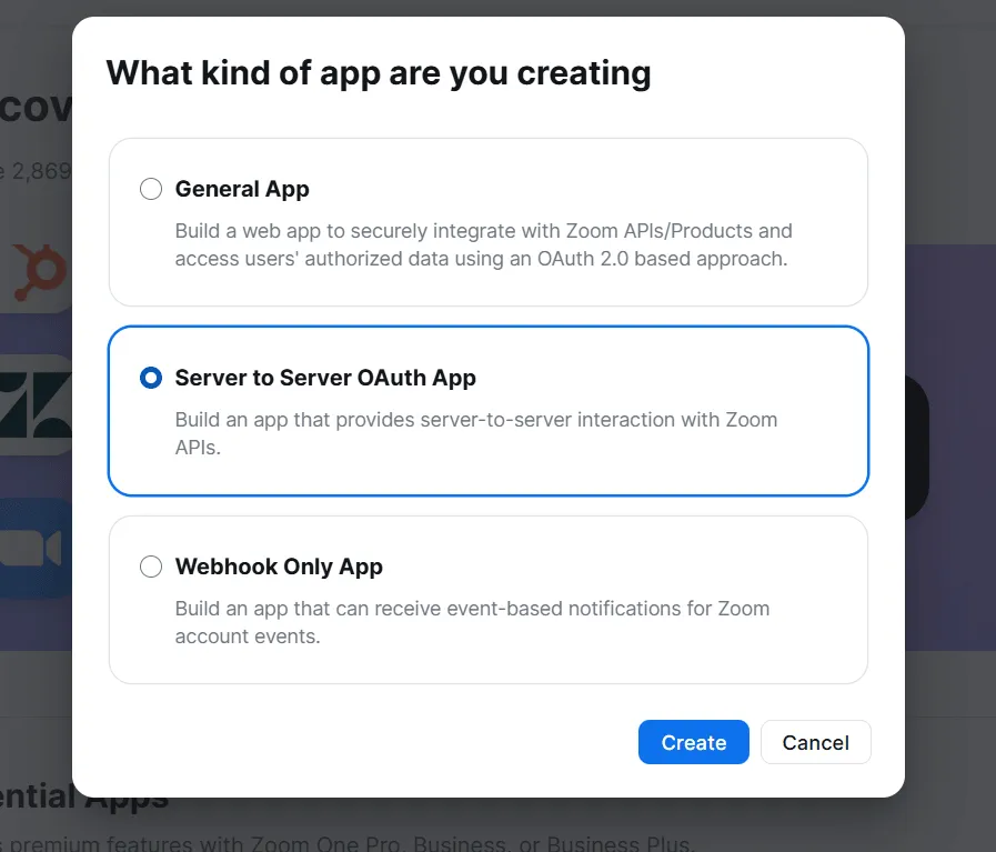 Zoom app type dialog with Server to Server OAuth App selected